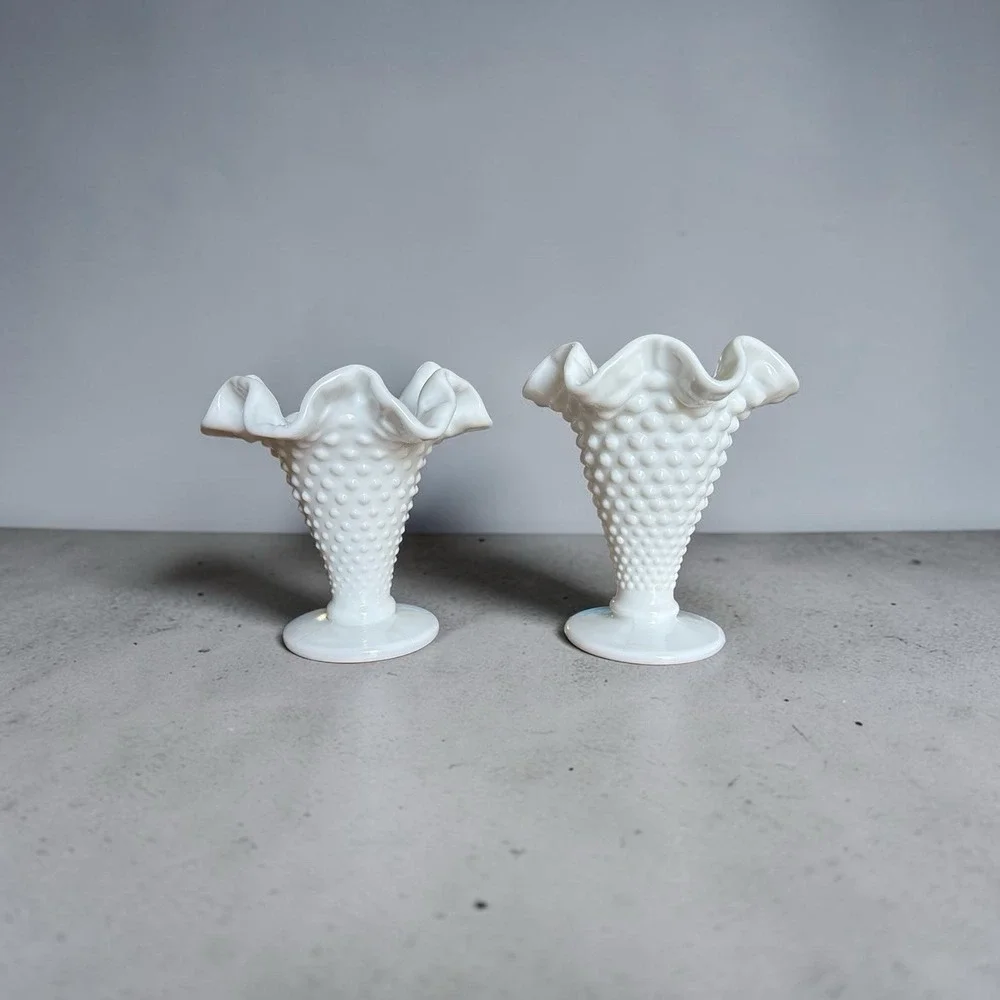 Fenton Milk Glass Hobnail Double Crimped Footed Vases Pair